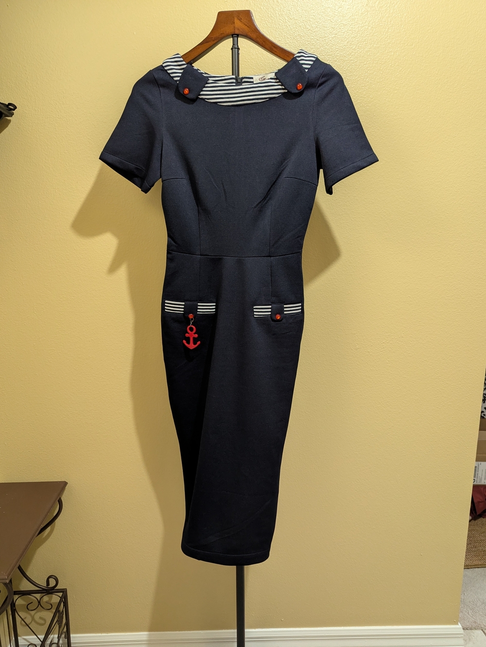 Tatyana Navy Midi Dress with Striped Collar and Red Anchor Detail